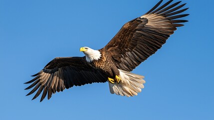 Obraz premium Majestic American Bald Eagle Soars Gracefully Through a Clear Blue Sky, Capturing the Spirit of Freedom and Natural Beauty in Stunning Detail