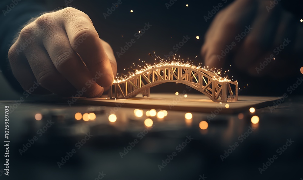 Poster a craftsman meticulously constructs a glowing miniature bridge with delicate hands, surrounded by tw