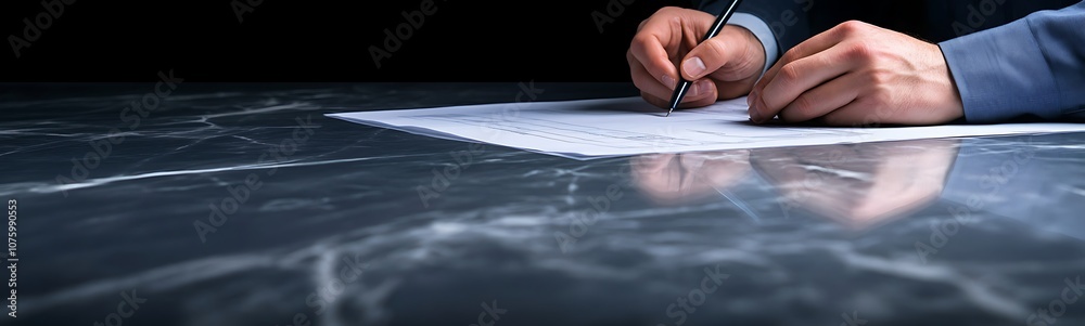 Poster a close-up of hands writing on a sheet of paper placed on a dark, polished surface, emphasizing conc