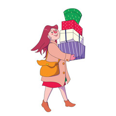 a drawing of a woman carrying a box of gifts