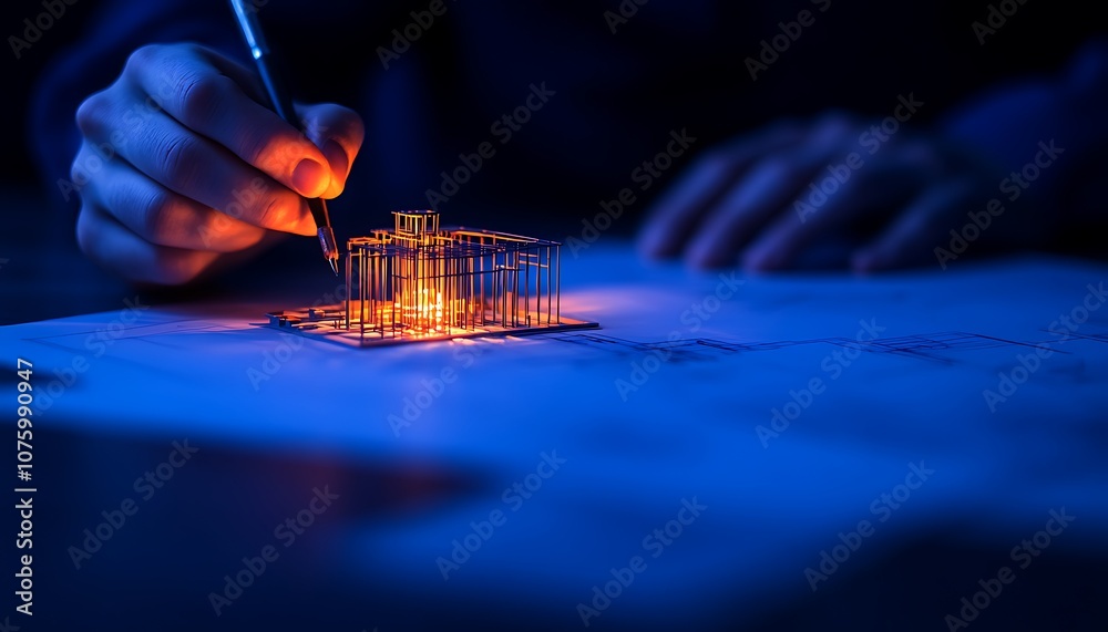 Poster a person is sketching a glowing structure on paper, illuminated by warm light in a dark blue environ