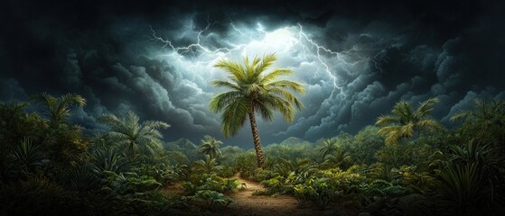A majestic palm tree stands alone amidst a dramatic thunderstorm in a lush tropical landscape