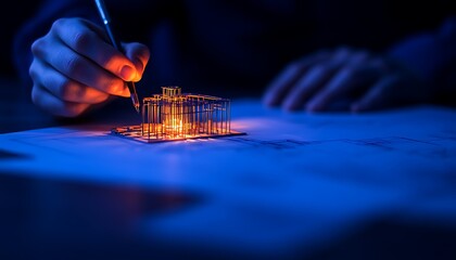 A person is sketching a glowing structure on paper, illuminated by warm light in a dark blue environment, creating a captivating artistic effect.