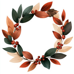 Boho Christmas Garland, dried leaves and berries, watercolor illustration, earthy tones, isolated on white background, festive decor element