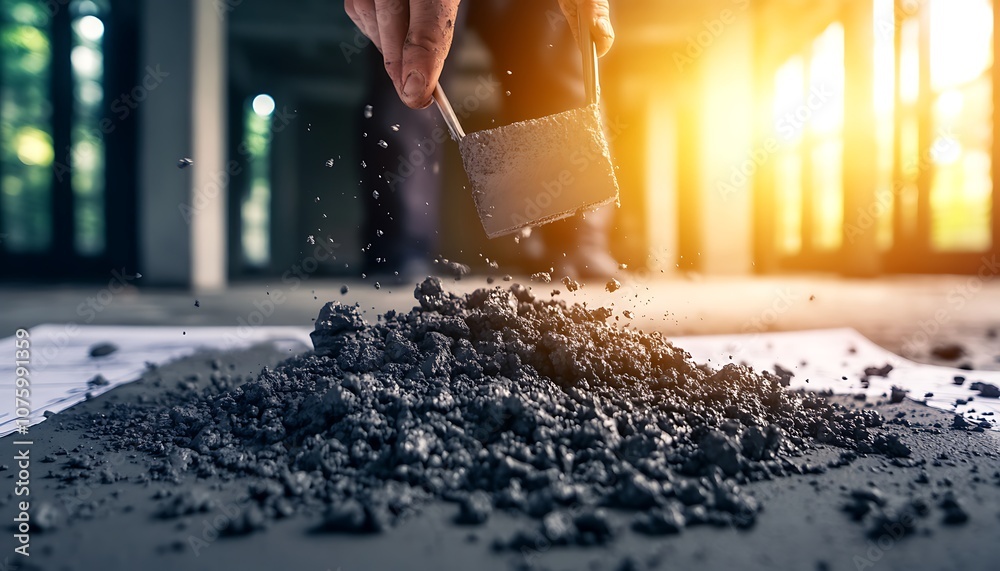 Poster a construction worker is smoothing out concrete with a trowel, surrounded by gravel, as sunlight str