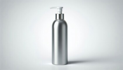 Silver metallic pump bottle with white dispenser on a gray background.