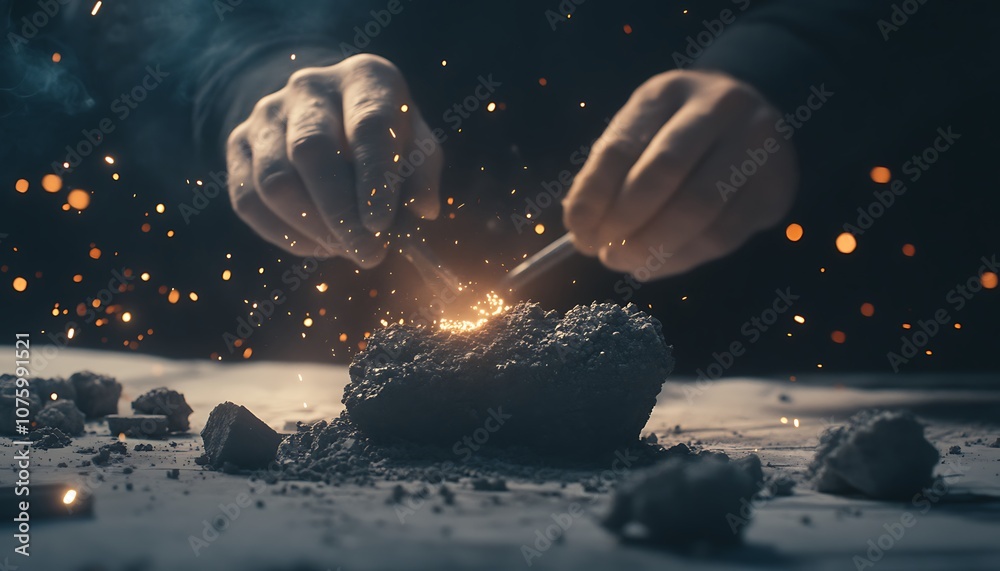 Poster a close-up of hands striking metal, creating sparks amidst a dark backdrop, highlighting the art of 