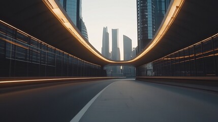 Naklejka premium Futuristic Cityscape at Sunset with Curved Modern Overpass and Illuminated Skyscrapers
