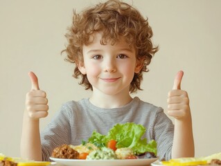 Happy Child Enjoying Healthy Meal with Fresh Vegetables and Delicious Dishes, Cheerfully Giving Thumbs Up in Bright and Cheerful Kitchen Setting