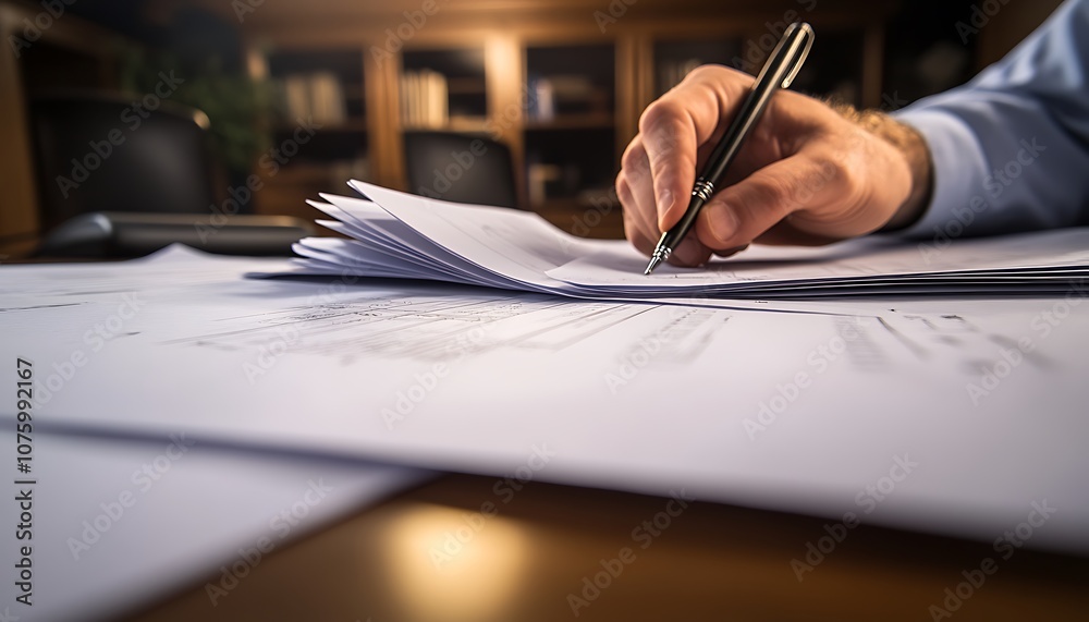 Poster a close-up of a hand writing on paper, surrounded by documents, showcasing a workspace filled with o