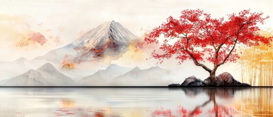 Discover the serene beauty of a majestic mountain reflection in tranquil waters with vibrant autumn foliage