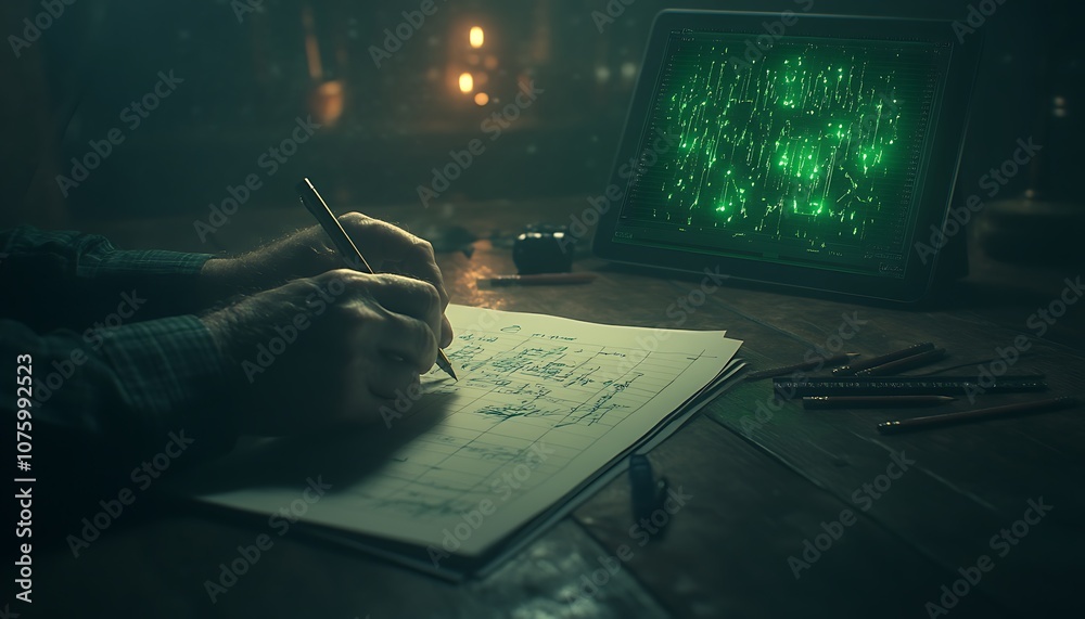 Poster A person writes on paper while observing a glowing green display, surrounded by dim lighting and scattered pens, creating a mysterious atmosphere.