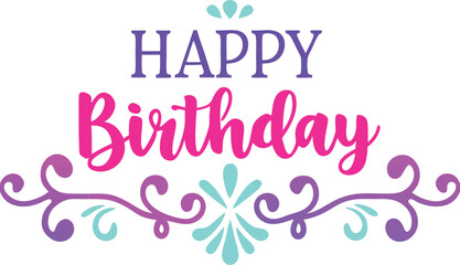 The image displays a stylized Happy Birthday message in pink and purple lettering with decorative floral accents in blue and purple.