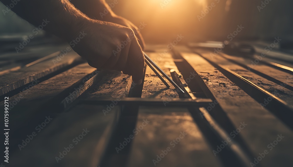 Poster a close-up of a hand using a caliper on wooden planks, illuminated by warm sunlight, showcasing craf