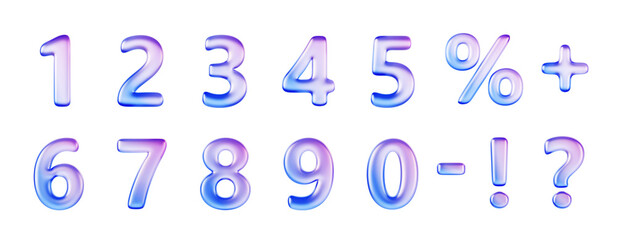 3d holographic font, glass liquid numbers from 0 to 9, percent sign, question mark, exclamation point, plus and minus symbol. Iridescent gradient balloons, isolated render icon set. 3D illustration