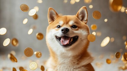 Shiba Inu dog is surrounded by falling gold coin