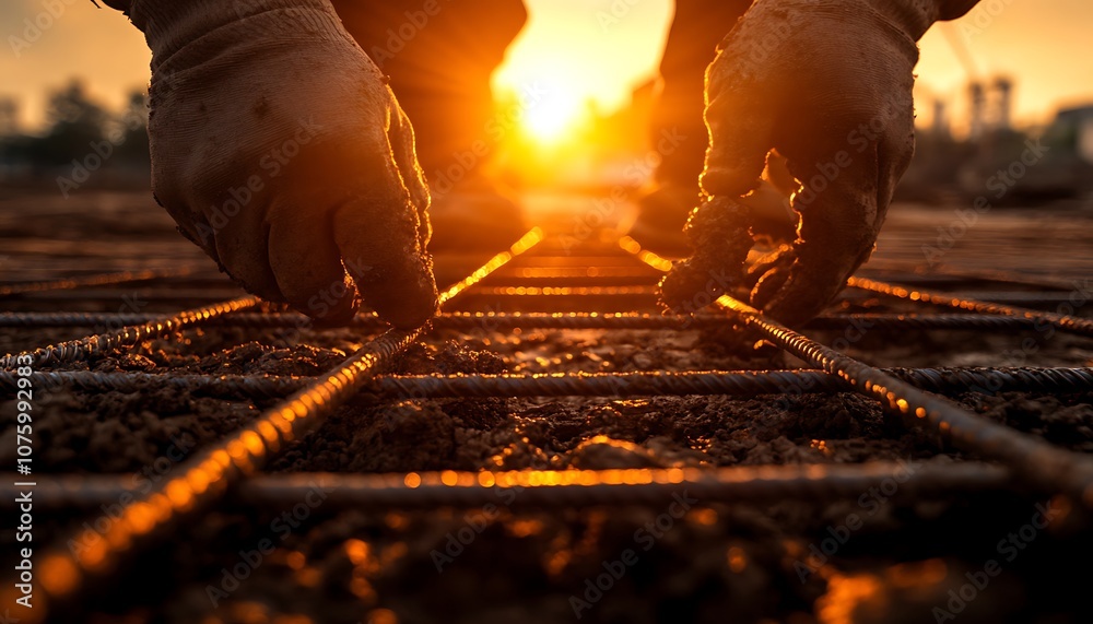 Poster a worker's hands lay rebar on a construction site at sunset, highlighting the labor involved in buil