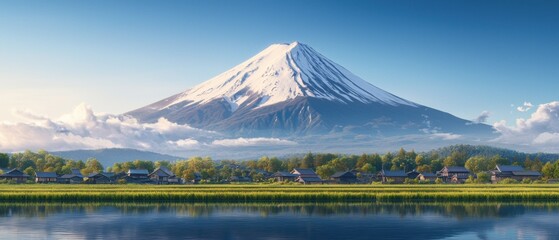 Explore the majestic beauty of mount fuji surrounded by tranquil rice fields and lush greenery