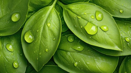 Fototapeta premium Fresh Green Leaves with Water Drops in Close-up for Nature, Botanical, and Natural Texture Backgrounds Ideal for Wellness and Organic Lifestyle Themes