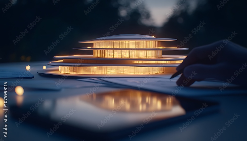 Poster a modern architectural model glows softly at dusk, with a hand sketching nearby, capturing the essen