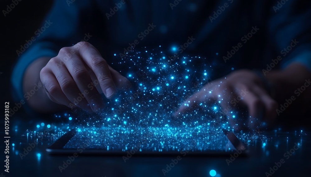 Aufkleber a person interacts with a tablet, creating a vibrant display of blue particles and light effects, sy
