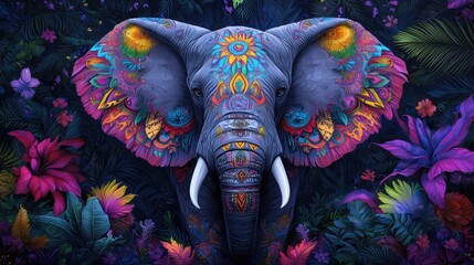 Obraz premium Vibrant and Colorful Artistic Representation of an Elephant Surrounded by Exotic Plants and Flora in a Lush Tropical Landscape
