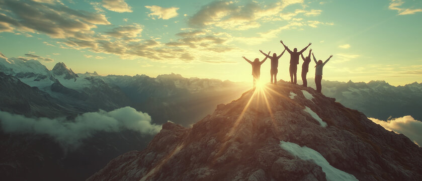 Team silhouette on a mountain peak, arms extended towards the sky in a display of triumph, symbolizing reaching business goals.