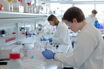 Fototapeta premium Researchers engaged in experiments, high-tech equipment surrounding, collaborative atmosphere, focused discussions, advanced scientific exploration, innovation in progress