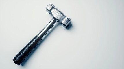 An Isolated Close-Up Image of a Single Silver Hammer with a Black Handle on a Soft White Background for Construction and Repair Projects