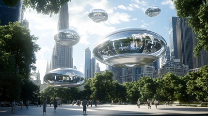 Futuristic Urban Park with Holographic Art Displays