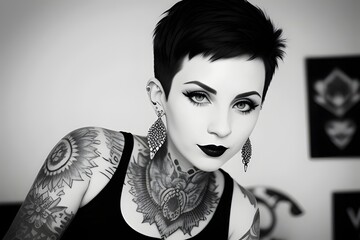 Cool pretty Caucasian white female tattooed, tattoo artist,   short hair, earrings, piercing, sleeveless shirt, dark lipstick, black-and-white, casual photo, edgy, bold, stylish, confident, modern