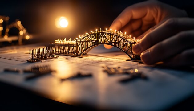 A hand delicately constructs a lit bridge model, surrounded by tools and a warm glow, emphasizing creativity and craftsmanship.