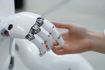 Human-robot connection, individual reaching out to touch a robotic hand, symbolizing interaction and technological harmony.