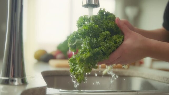 Woman's hands washing kale under tap water. Slow motion.