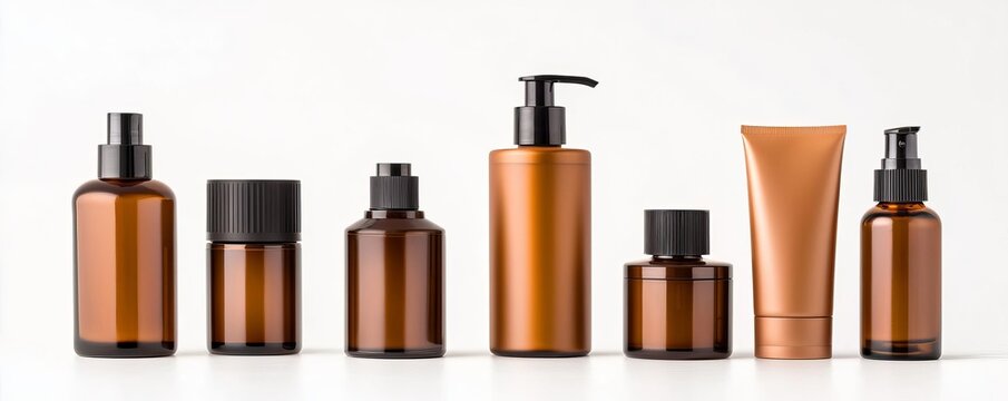 A collection of modern amber glass bottles and jars for cosmetics, skincare, or personal care products, arranged neatly on a light background.