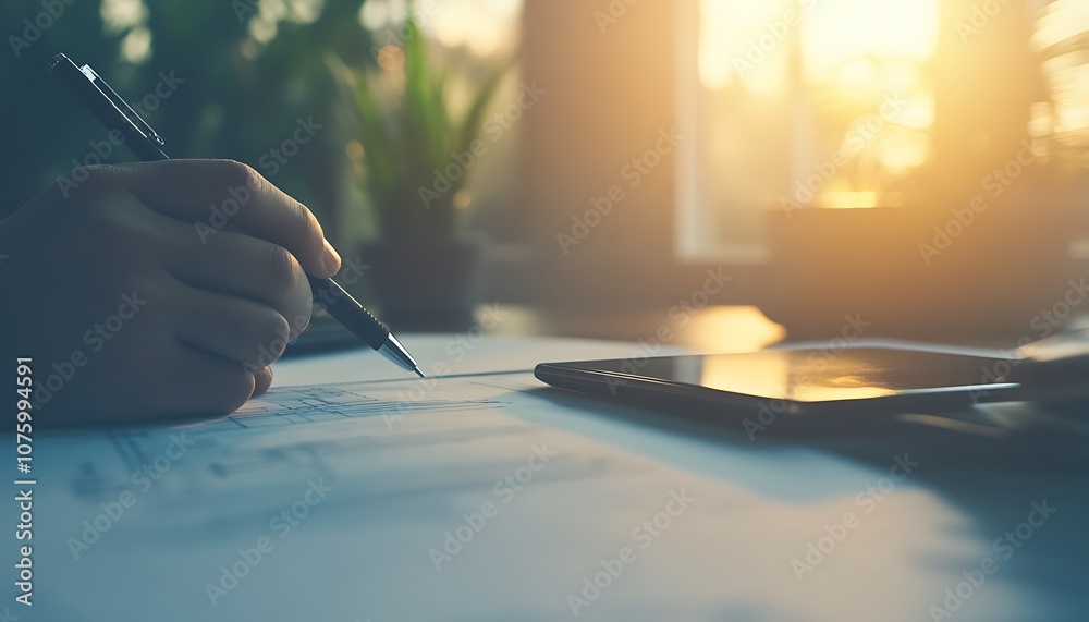 Aufkleber a serene workspace with a hand holding a pen, sketching designs on paper, accompanied by a calculato