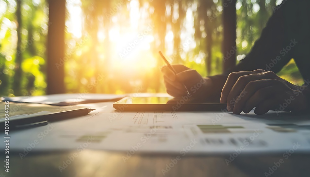 Poster a person writes on a digital tablet, surrounded by nature, as sunlight streams through trees, creati
