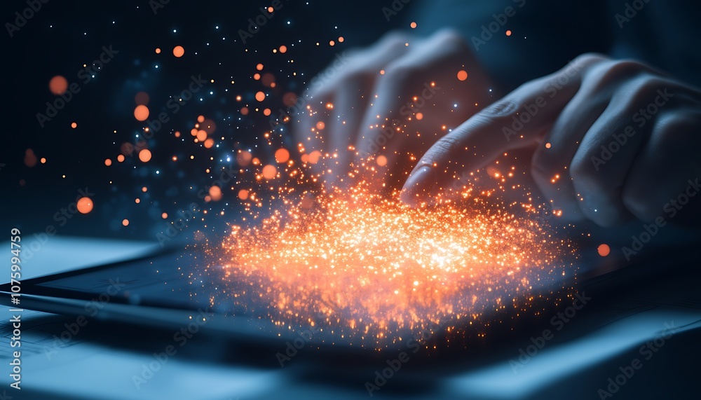 Leinwandbilder a person's hands interact with a tablet, creating a glowing spark effect, symbolizing technology and