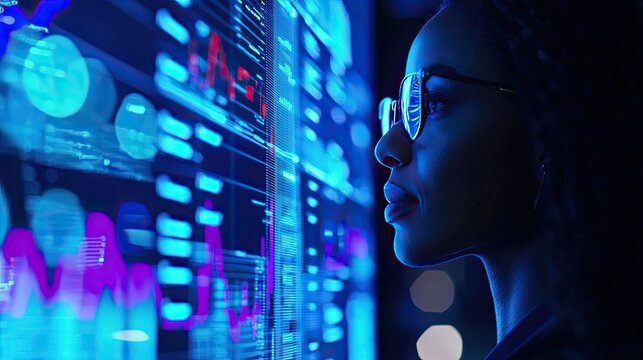 A focused woman analyzes data on a high-tech screen in a futuristic environment.