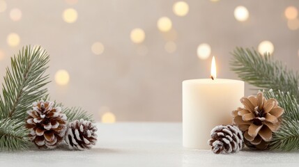 A serene winter scene featuring a lit candle surrounded by pine branches and pine cones, creating a cozy, festive atmosphere.