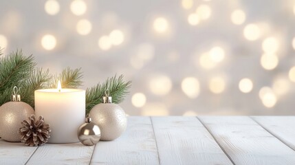 A serene holiday scene featuring a white candle, silver ornaments, and greenery against a sparkling blurred background.