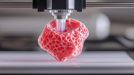 Close-up of a 3D bioprinter nozzle with liquid bio-ink, vivid colors, minimalistic lab setting, symbolizing innovative cell printing techniques