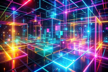 Obraz premium Abstract Light Blue Background Geometric In Purple And Neon Lights Futuristic 3d Rendering