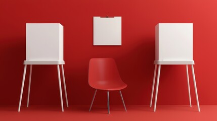 Fototapeta premium A minimalist interior setup featuring a red wall, two white cabinets, and a red chair, creating a modern and vibrant aesthetic.