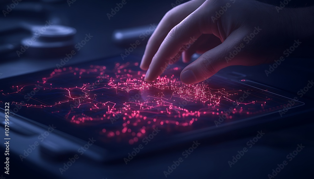 Leinwandbilder A glowing touch interface displays intricate red patterns as a hand interacts with the digital surface, evoking a sense of technology and innovation.