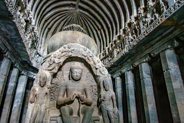The Kailasa Temple at Ellora India. It is cave no 16 of the famous Ellora cave complex and was built in the 8th century by a Rashtrakuta King Krishna.