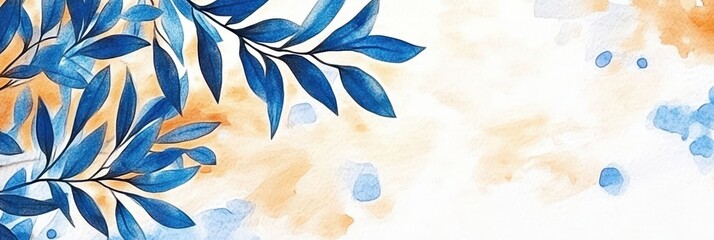 Naklejka premium Greek independence day celebration design with olive branches and abstract watercolor background. Horizontal banner. Copy space. Blue and white watercolor background