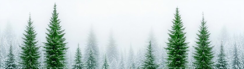 Fototapeta premium Serene foggy forest showcasing majestic evergreen trees. A tranquil scene perfect for nature lovers and those seeking peace and inspiration from nature.