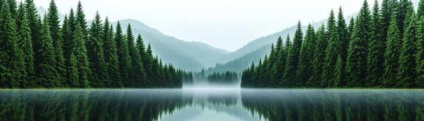 Naklejka premium Quiet lake surrounded by dense forest in morning mist, with serene reflections and a soft, hazy sky, creating a peaceful, breathtakingly beautiful scene