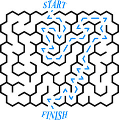 Vector vertical rectangular labyrinth with entry and exit. Difficulty level - advanced. Maze with solution. Children logic game for brain training isolated on white background